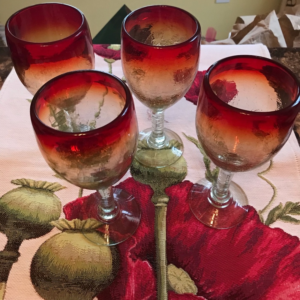 Glasses Hand Blown Beautiful Red 4 - 3” wide c 8” tall - Thick rim and sturdy